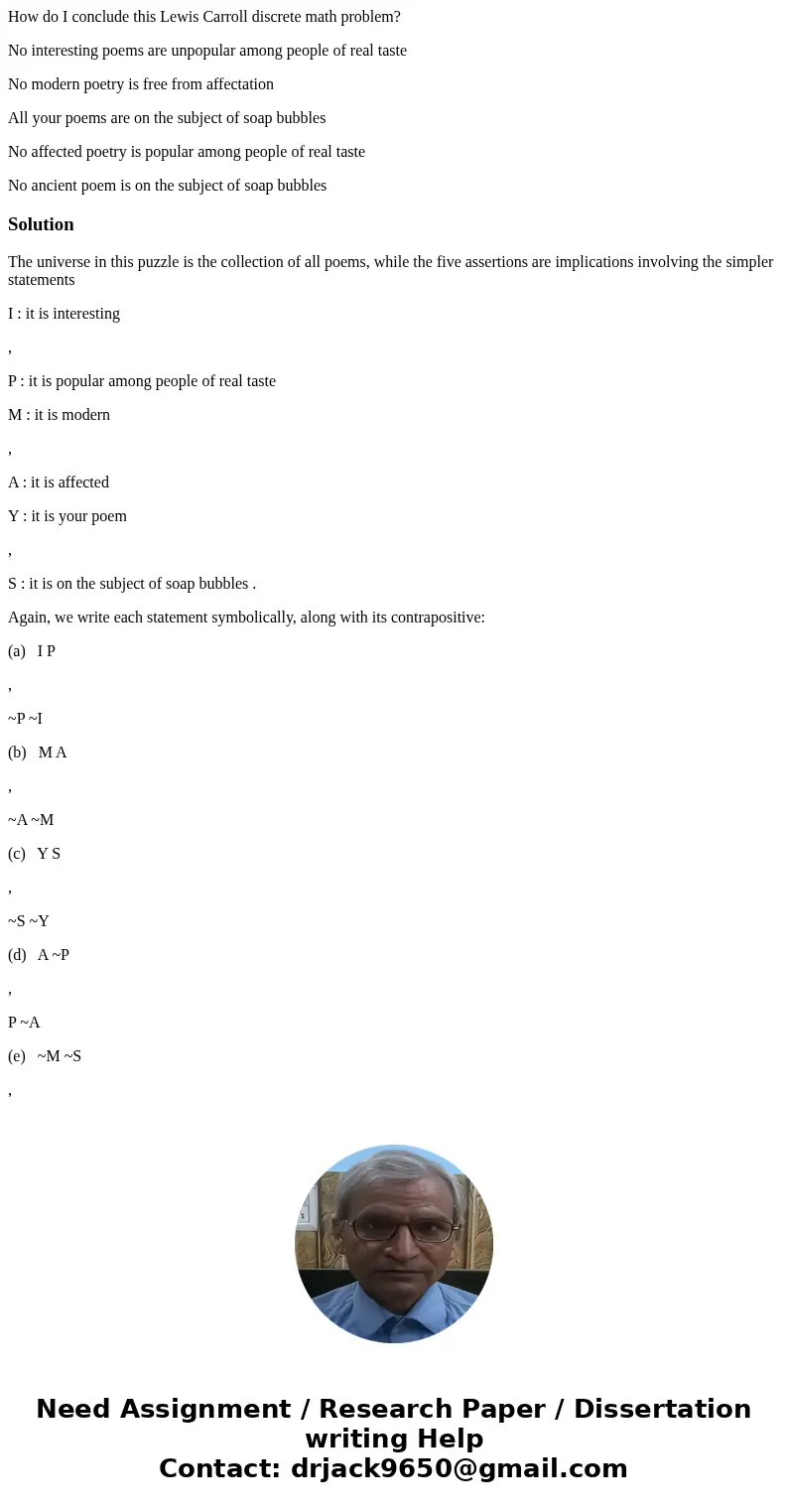 How do I conclude this Lewis Carroll discrete math problem? No interesting poems are unpopular among people of real taste No modern poetry is free from affectat How do I conclude this Lewis Carroll discrete math problem? No interesting poems are unpopular among people of real taste No modern poetry is free from affectat
