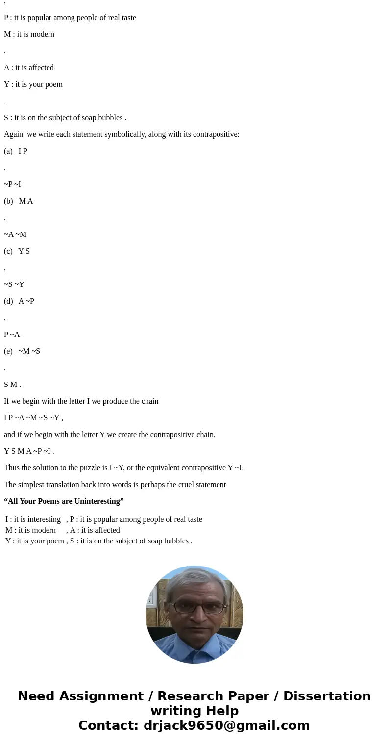 How do I conclude this Lewis Carroll discrete math problem? No interesting poems are unpopular among people of real taste No modern poetry is free from affectat How do I conclude this Lewis Carroll discrete math problem? No interesting poems are unpopular among people of real taste No modern poetry is free from affectat