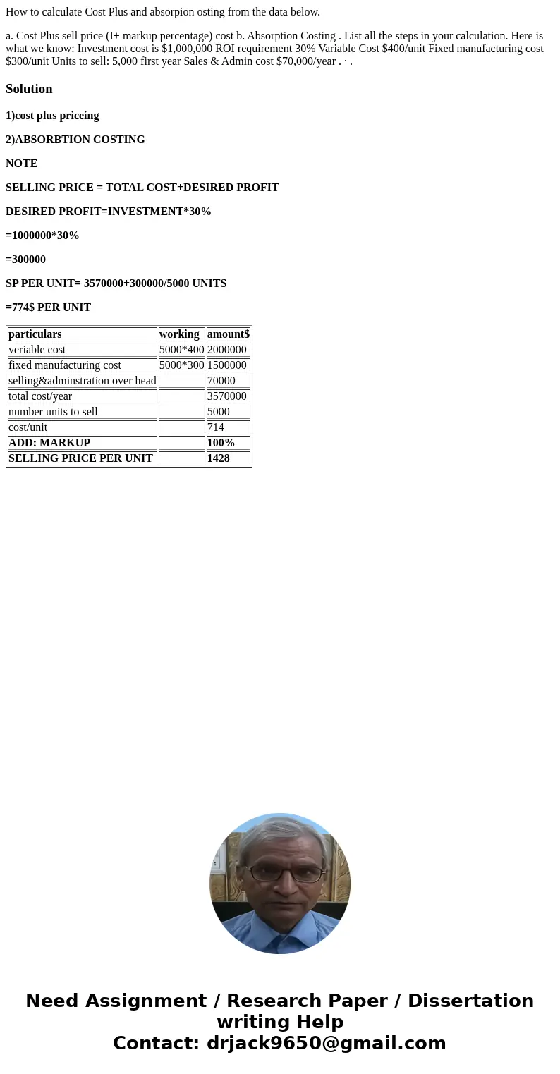 How to calculate Cost Plus and absorpion osting from the data below. a. Cost Plus sell price (I+ markup percentage) cost b. Absorption Costing . List all the st