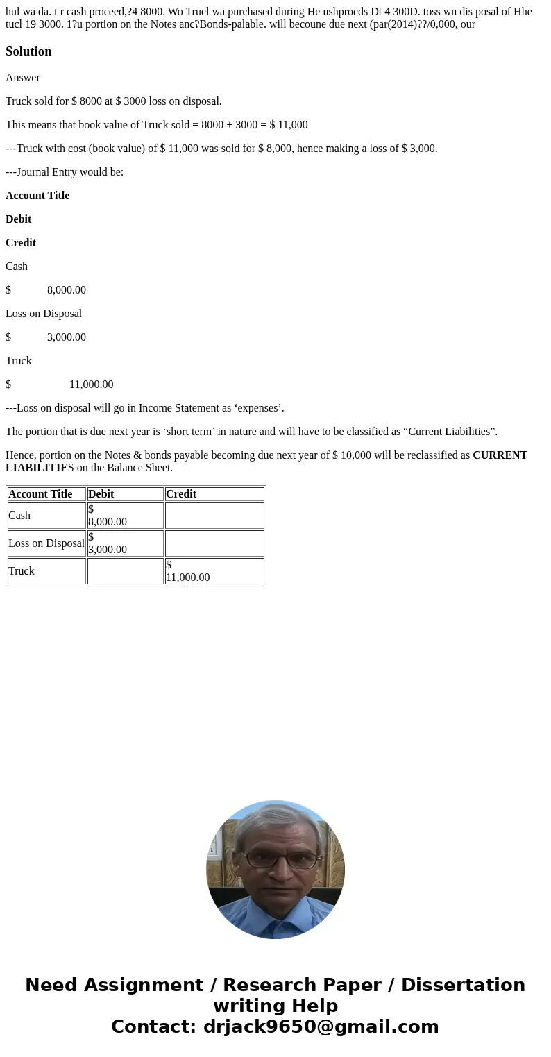 hul wa da. t r cash proceed,?4 8000. Wo Truel wa purchased during He ushprocds Dt 4 300D. toss wn dis posal of Hhe tucl 19 3000. 1?u portion on the Notes anc?B