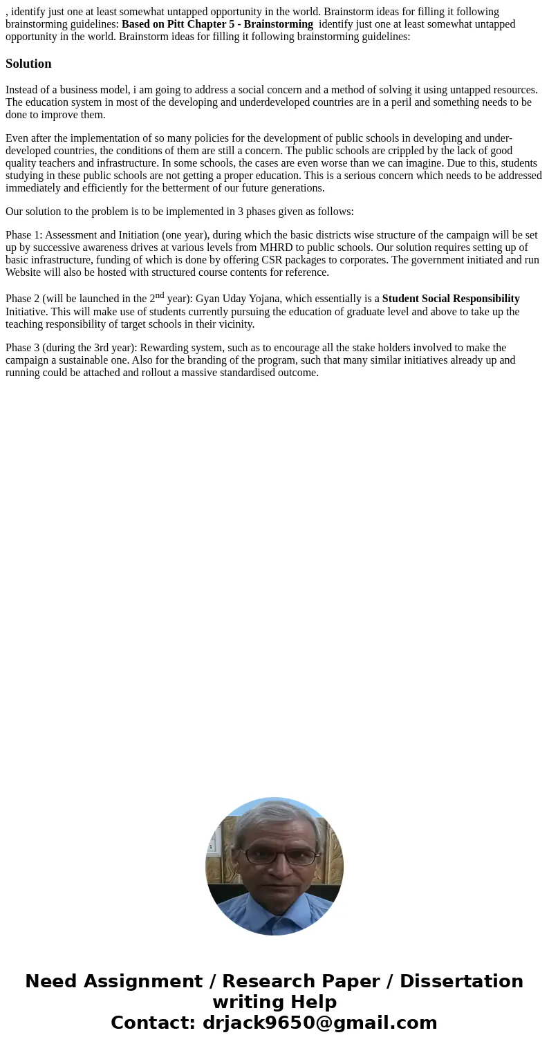 , identify just one at least somewhat untapped opportunity in the world. Brainstorm ideas for filling it following brainstorming guidelines: Based on Pitt Chapt , identify just one at least somewhat untapped opportunity in the world. Brainstorm ideas for filling it following brainstorming guidelines: Based on Pitt Chapt