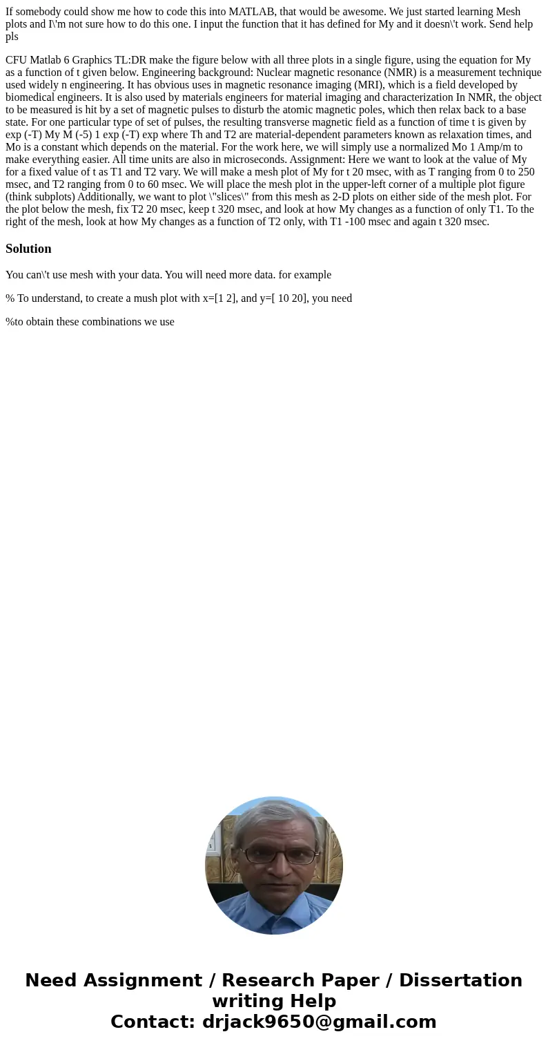 If somebody could show me how to code this into MATLAB, that would be awesome. We just started learning Mesh plots and I\'m not sure how to do this one. I input If somebody could show me how to code this into MATLAB, that would be awesome. We just started learning Mesh plots and I\'m not sure how to do this one. I input