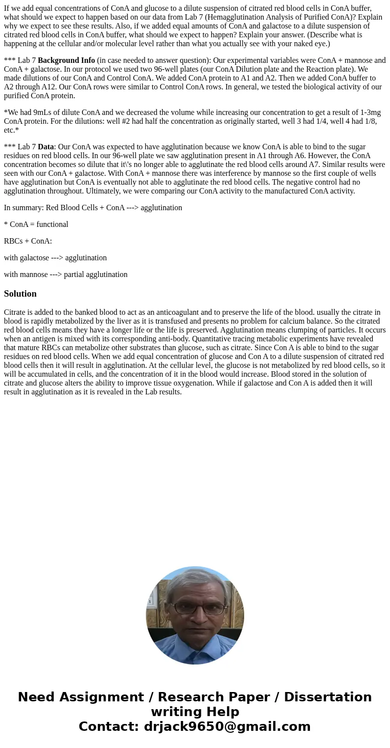 If we add equal concentrations of ConA and glucose to a dilute suspension of citrated red blood cells in ConA buffer, what should we expect to happen based on o If we add equal concentrations of ConA and glucose to a dilute suspension of citrated red blood cells in ConA buffer, what should we expect to happen based on o