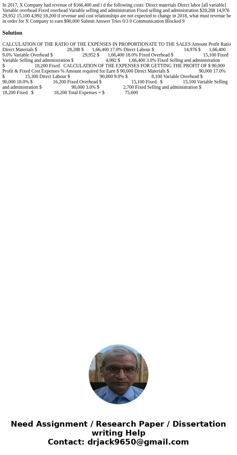  In 2017, X Company had revenue of $166,400 and i d the following costs: Direct materials Direct labor [all variable] Variable overhead Fixed overhead Variable 