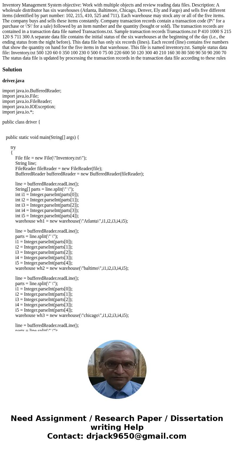 Inventory Management System objective: Work with multiple objects and review reading data files. Description: A wholesale distributor has six warehouses (Atlan  Inventory Management System objective: Work with multiple objects and review reading data files. Description: A wholesale distributor has six warehouses (Atlan