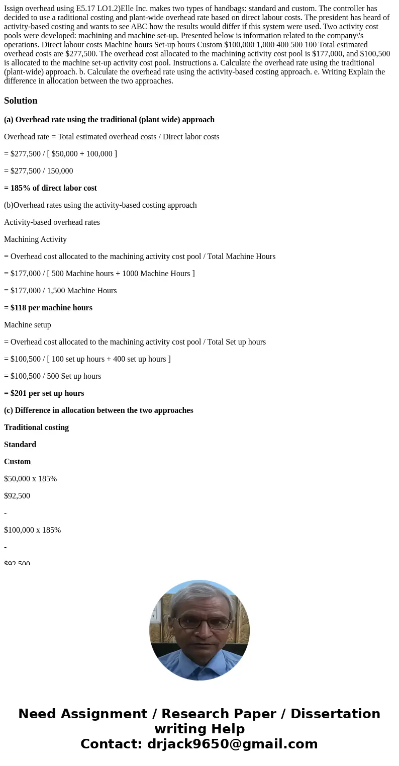 Issign overhead using E5.17 LO1.2)Elle Inc. makes two types of handbags: standard and custom. The controller has decided to use a raditional costing and plant-  Issign overhead using E5.17 LO1.2)Elle Inc. makes two types of handbags: standard and custom. The controller has decided to use a raditional costing and plant-