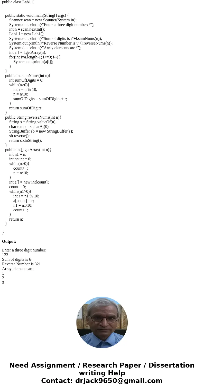 Java Console Application For this assignment you are to create a class called Lab1. Inside the class you will create three methods that will modify a three-digi Java Console Application For this assignment you are to create a class called Lab1. Inside the class you will create three methods that will modify a three-digi