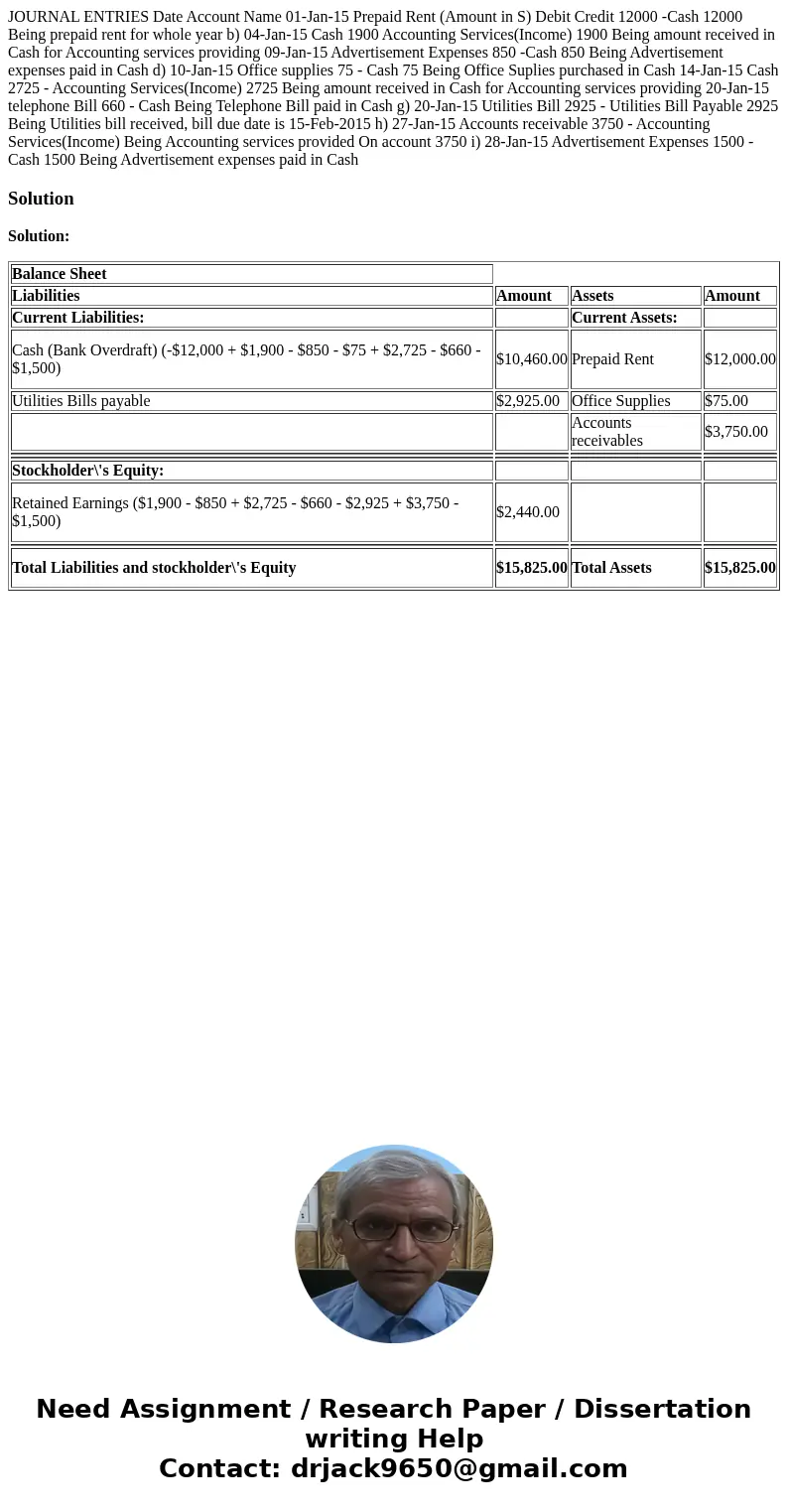  JOURNAL ENTRIES Date Account Name 01-Jan-15 Prepaid Rent (Amount in S) Debit Credit 12000 -Cash 12000 Being prepaid rent for whole year b) 04-Jan-15 Cash 1900 