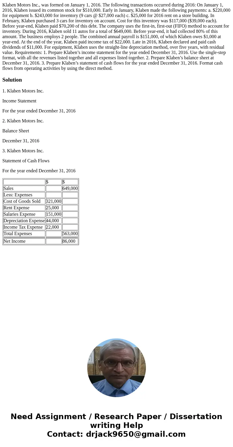 Klaben Motors Inc., was formed on January 1, 2016. The following transactions occurred during 2016: On January 1, 2016, Klaben issued its common stock for $510,