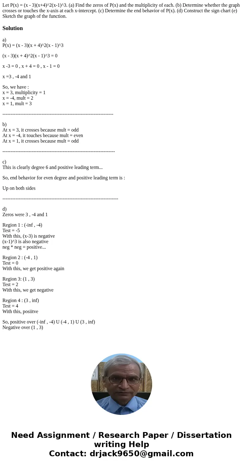  Let P(x) = (x - 3)(x+4)^2(x-1)^3. (a) Find the zeros of P(x) and the multiplicity of each. (b) Determine whether the graph crosses or touches the x-axis at eac
