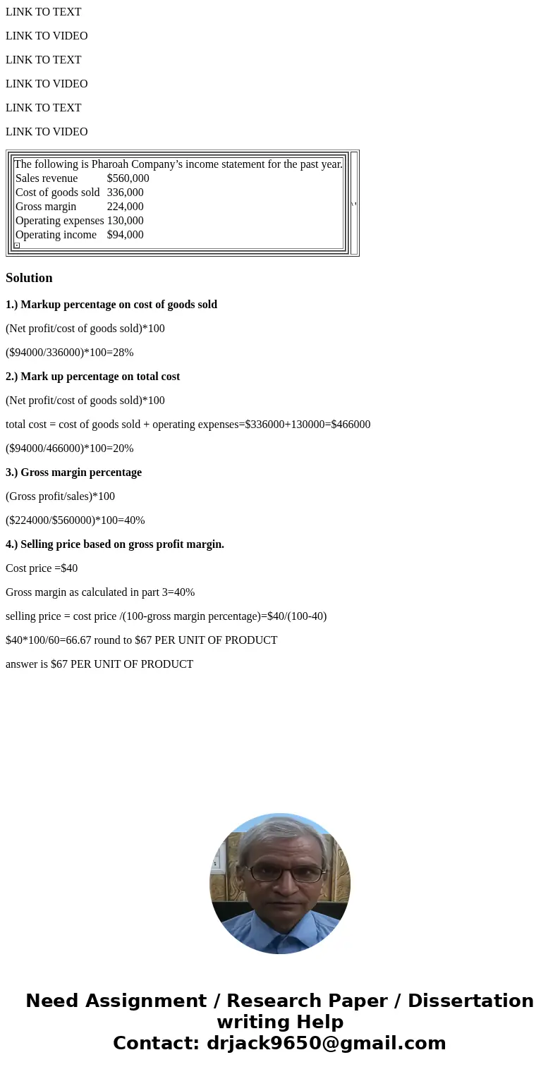 LINK TO TEXT LINK TO VIDEO LINK TO TEXT LINK TO VIDEO LINK TO TEXT LINK TO VIDEO The following is Pharoah Company’s income statement for the past year. Sales re