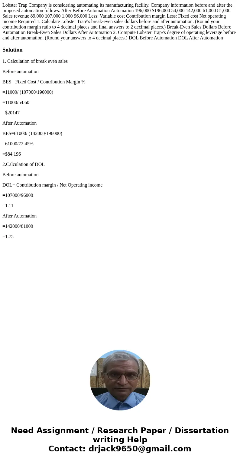 Lobster Trap Company is considering automating its manufacturing facility. Company information before and after the proposed automation follows: After Before A  Lobster Trap Company is considering automating its manufacturing facility. Company information before and after the proposed automation follows: After Before A