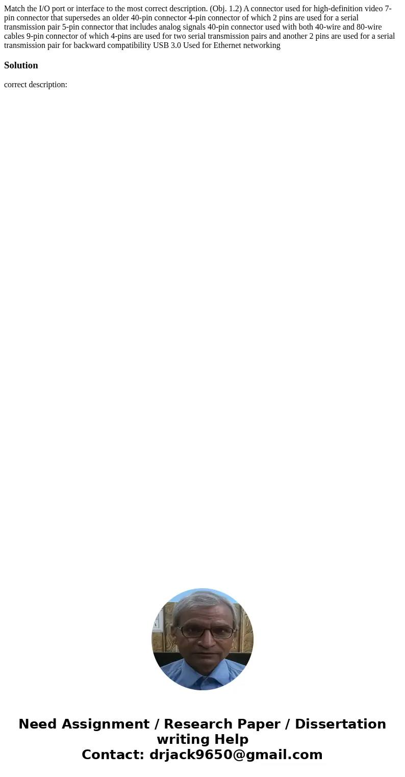 Match the I/O port or interface to the most correct description. (Obj. 1.2) A connector used for high-definition video 7-pin connector that supersedes an older  Match the I/O port or interface to the most correct description. (Obj. 1.2) A connector used for high-definition video 7-pin connector that supersedes an older