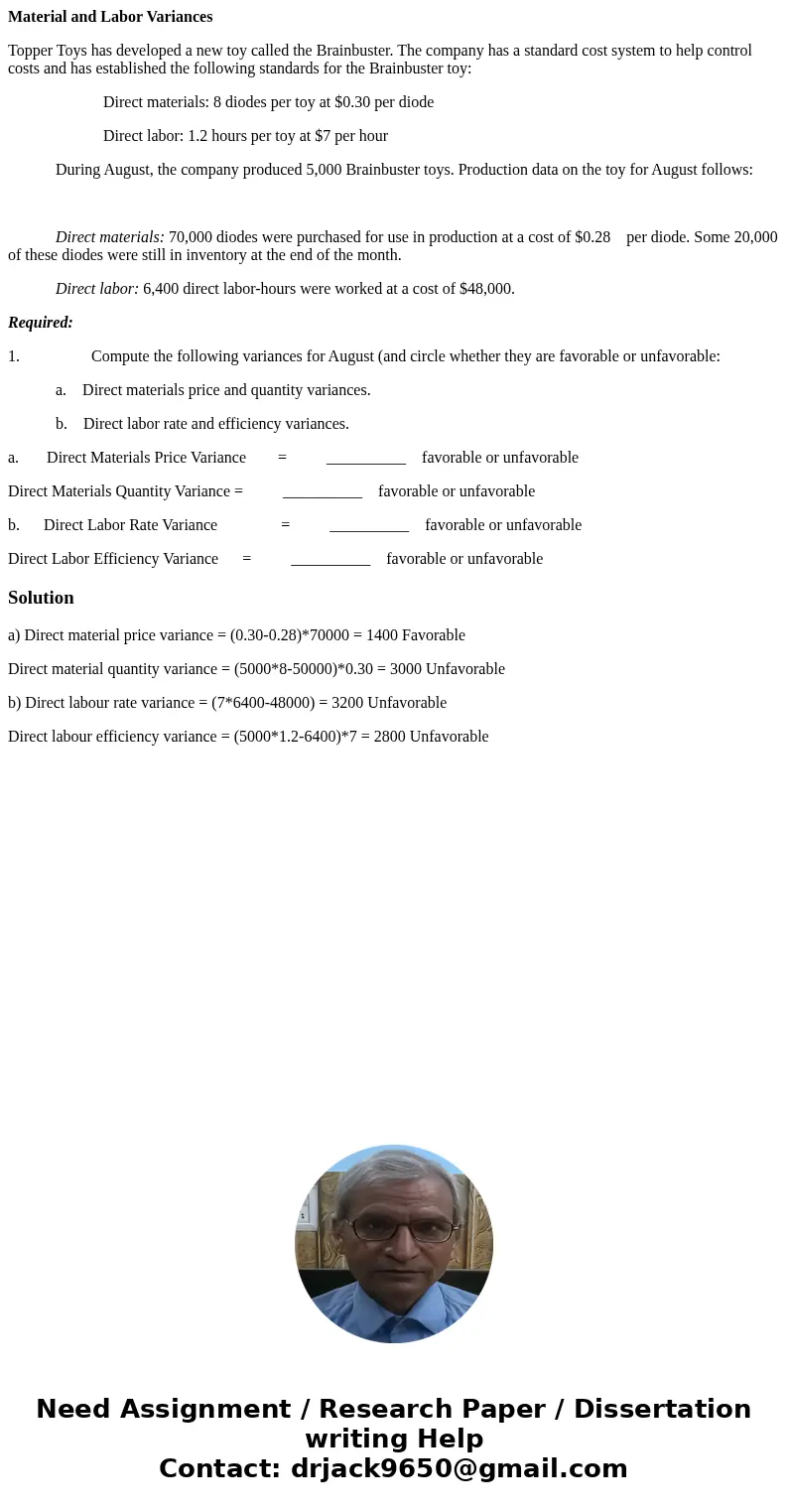 Material and Labor Variances Topper Toys has developed a new toy called the Brainbuster. The company has a standard cost system to help control costs and has es Material and Labor Variances Topper Toys has developed a new toy called the Brainbuster. The company has a standard cost system to help control costs and has es