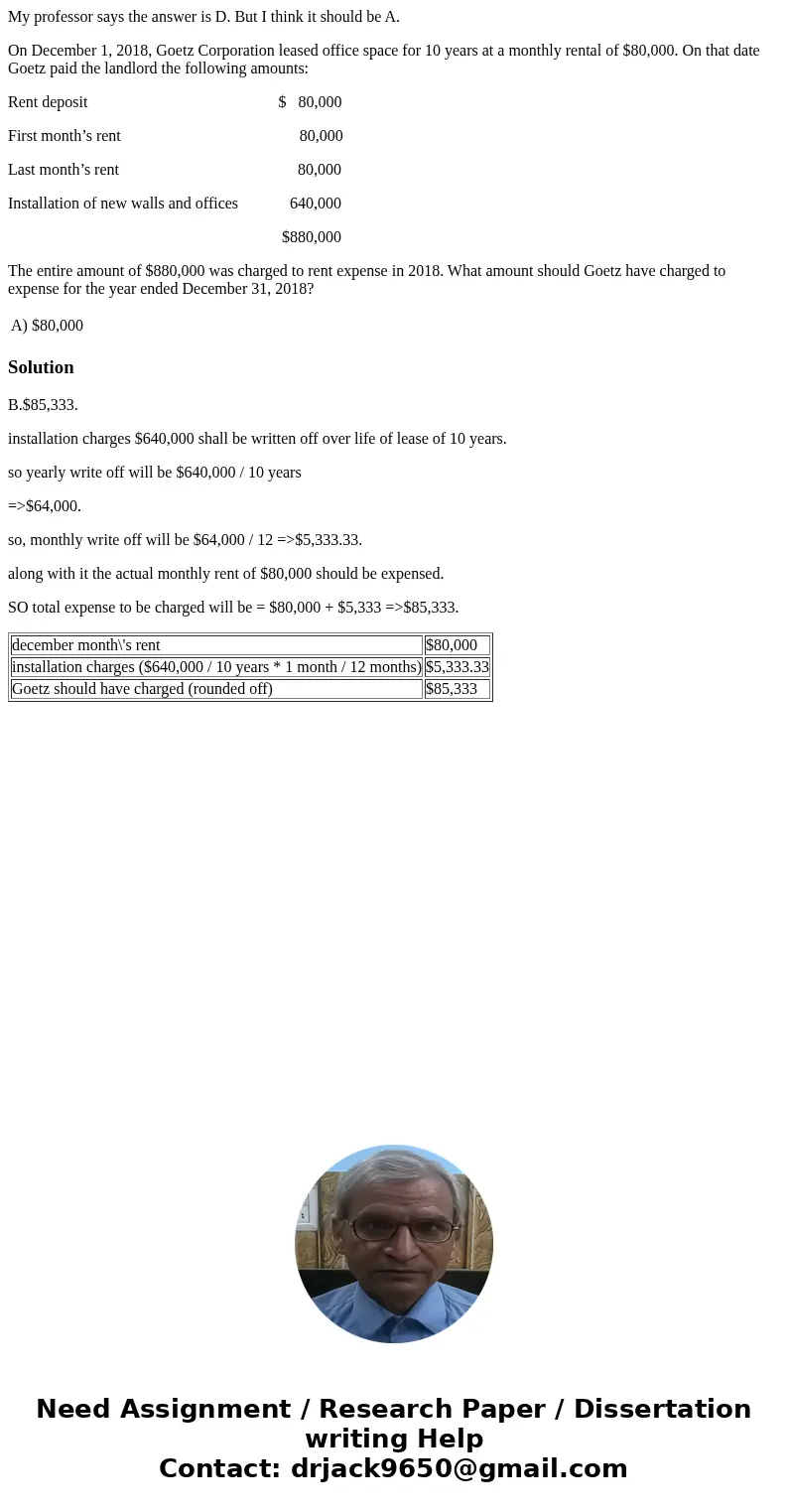 My professor says the answer is D. But I think it should be A. On December 1, 2018, Goetz Corporation leased office space for 10 years at a monthly rental of $8 My professor says the answer is D. But I think it should be A. On December 1, 2018, Goetz Corporation leased office space for 10 years at a monthly rental of $8