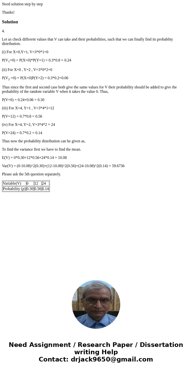 Need solution step by step Thanks!Solution4. Let us check different values that V can take and their probabilities, such that we can finally find its probablity Need solution step by step Thanks!Solution4. Let us check different values that V can take and their probabilities, such that we can finally find its probablity