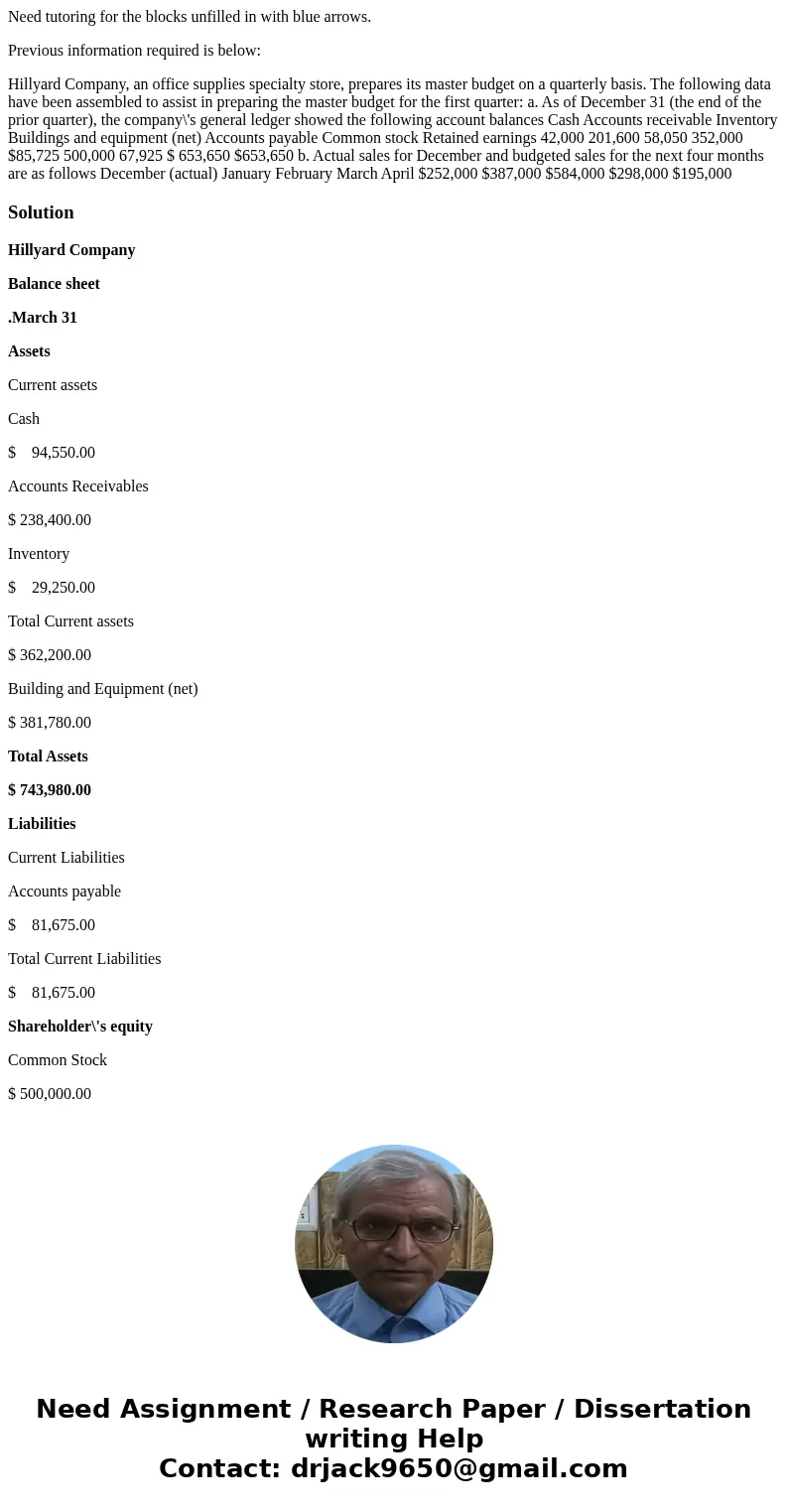 Need tutoring for the blocks unfilled in with blue arrows. Previous information required is below: Hillyard Company, an office supplies specialty store, prepare