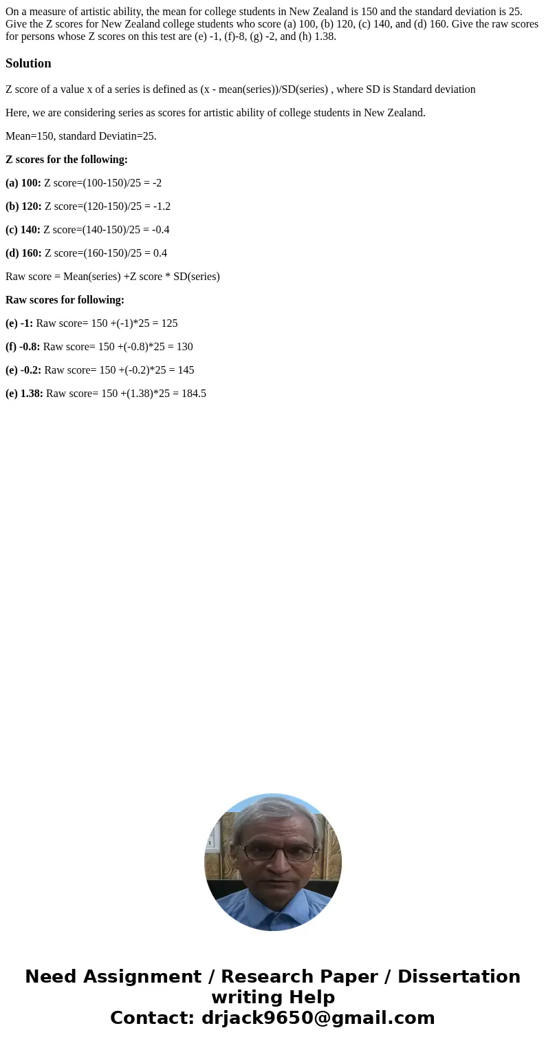 On a measure of artistic ability, the mean for college students in New Zealand is 150 and the standard deviation is 25. Give the Z scores for New Zealand colle  On a measure of artistic ability, the mean for college students in New Zealand is 150 and the standard deviation is 25. Give the Z scores for New Zealand colle
