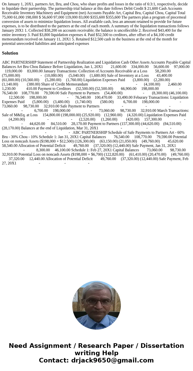 On January 1, 20X1, partners Art, Bru, and Chou, who share profits and losses in the ratio of 6:3:1, respectively, decide to liquidate their partnership. The p  On January 1, 20X1, partners Art, Bru, and Chou, who share profits and losses in the ratio of 6:3:1, respectively, decide to liquidate their partnership. The p