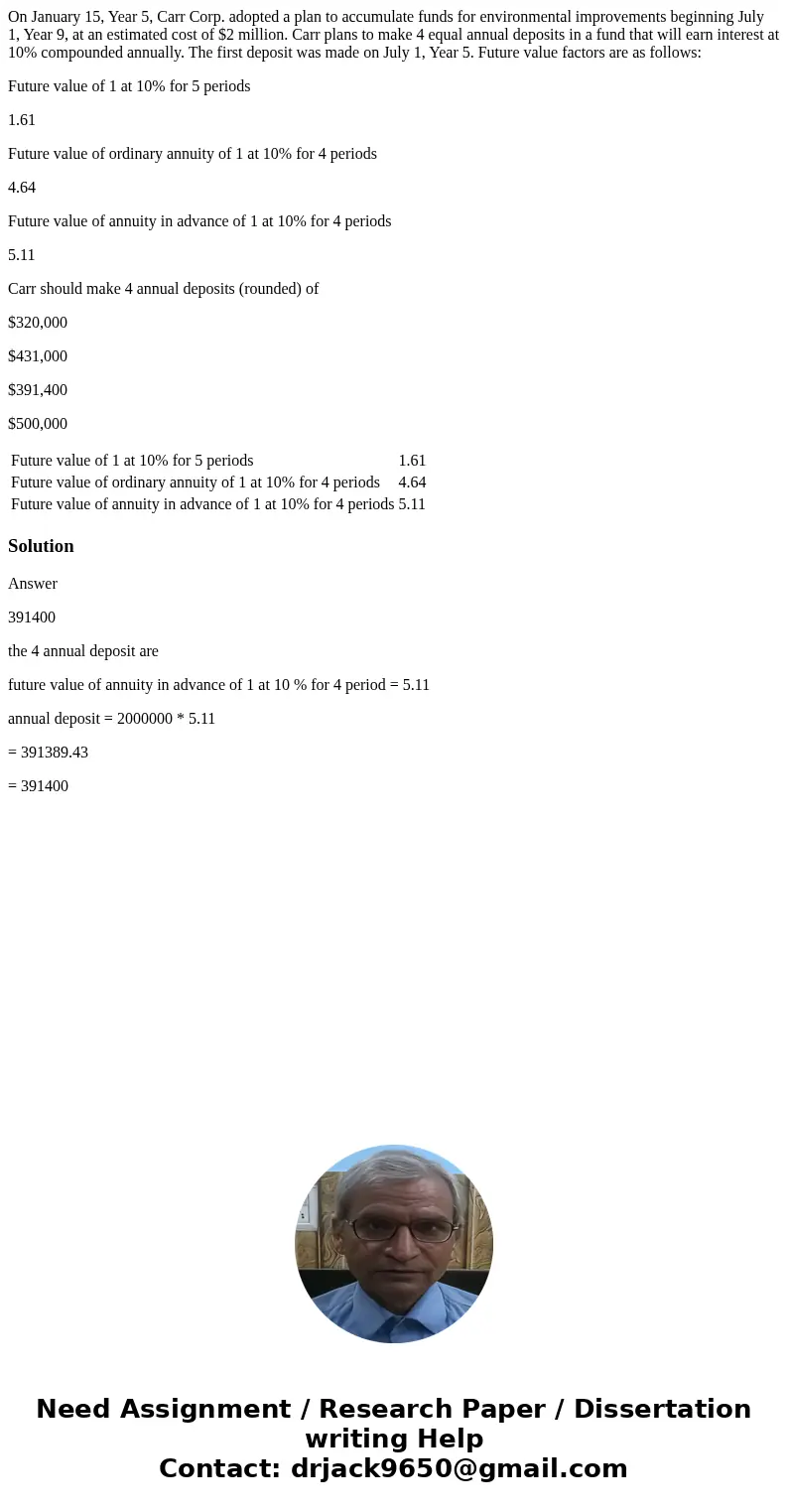 On January 15, Year 5, Carr Corp. adopted a plan to accumulate funds for environmental improvements beginning July 1, Year 9, at an estimated cost of $2 million