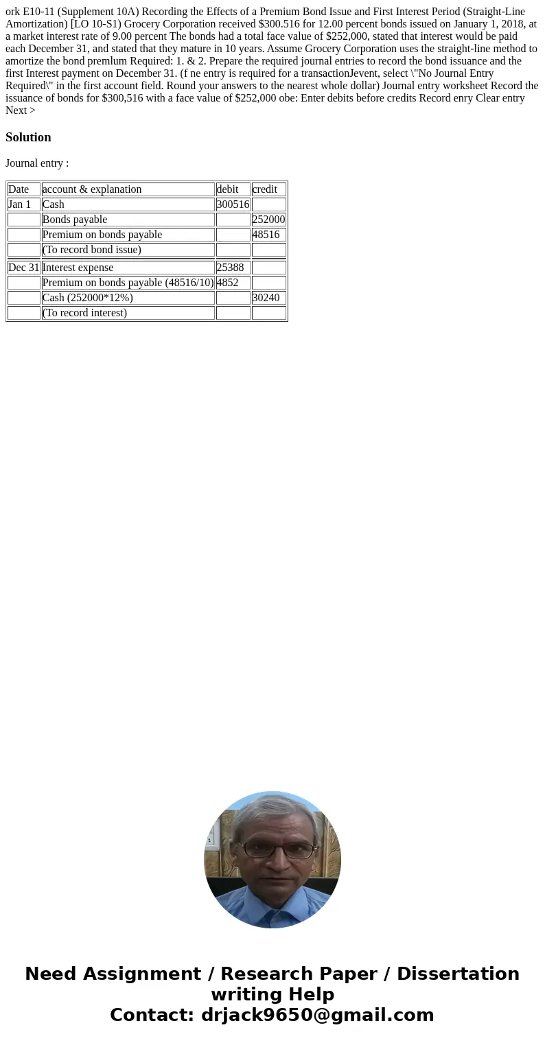 ork E10-11 (Supplement 10A) Recording the Effects of a Premium Bond Issue and First Interest Period (Straight-Line Amortization) [LO 10-S1) Grocery Corporation  ork E10-11 (Supplement 10A) Recording the Effects of a Premium Bond Issue and First Interest Period (Straight-Line Amortization) [LO 10-S1) Grocery Corporation
