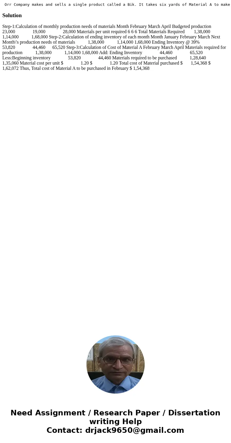  Orr Company makes and sells a single product called a Bik. It takes six yards of Material A to make one Bik. Budgeted production of Biks for the next three mon