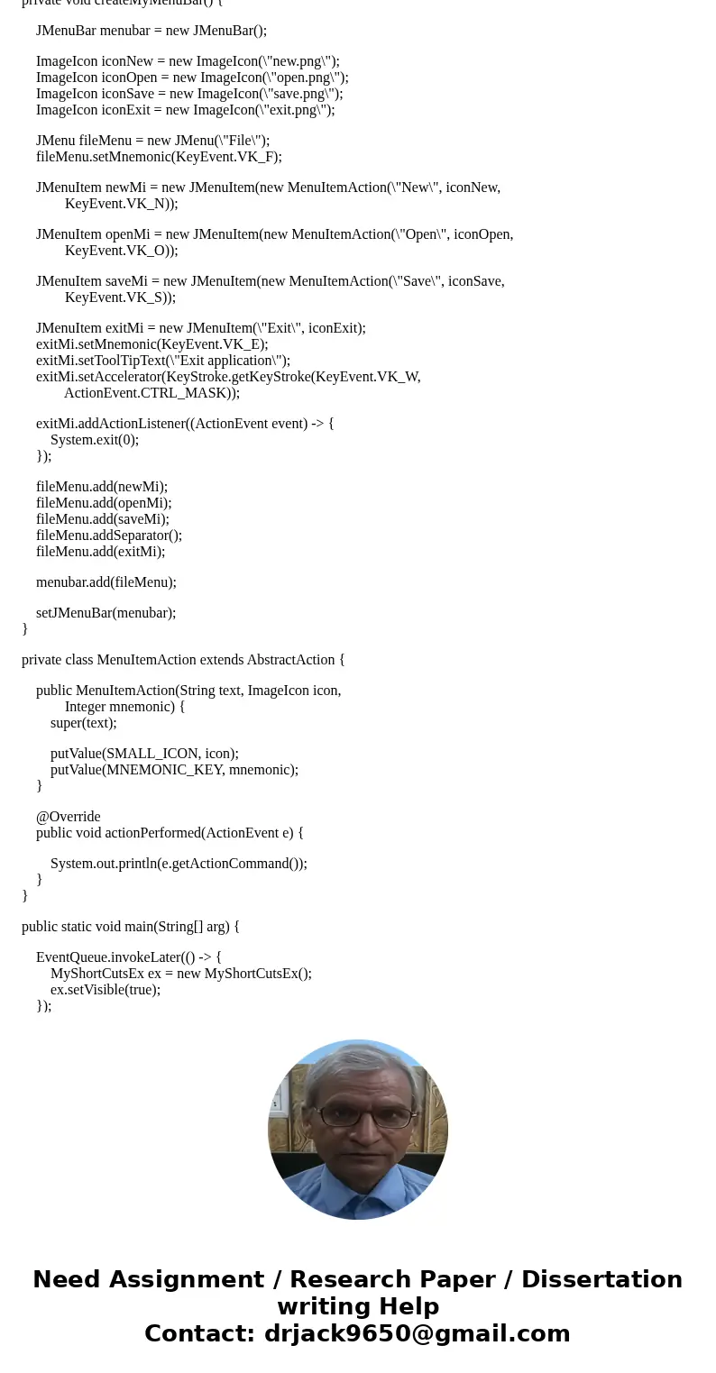 Pad 9:50 PM 2 (a). (40 points) Use the following code as example: add a menu named Edit between Form and Help in the menu bar. In it, add two menu items labele  Pad 9:50 PM 2 (a). (40 points) Use the following code as example: add a menu named Edit between Form and Help in the menu bar. In it, add two menu items labele