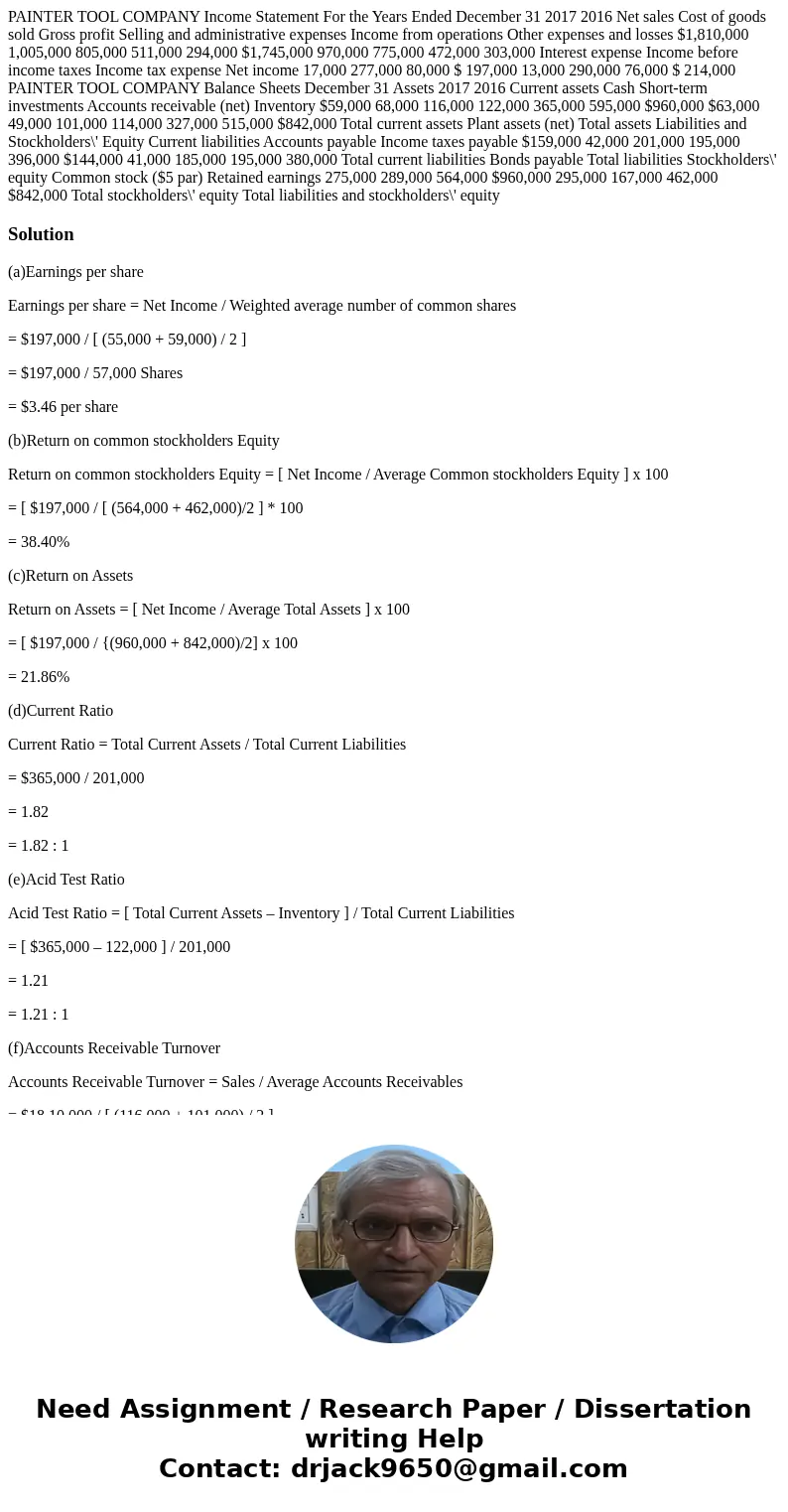  PAINTER TOOL COMPANY Income Statement For the Years Ended December 31 2017 2016 Net sales Cost of goods sold Gross profit Selling and administrative expenses I