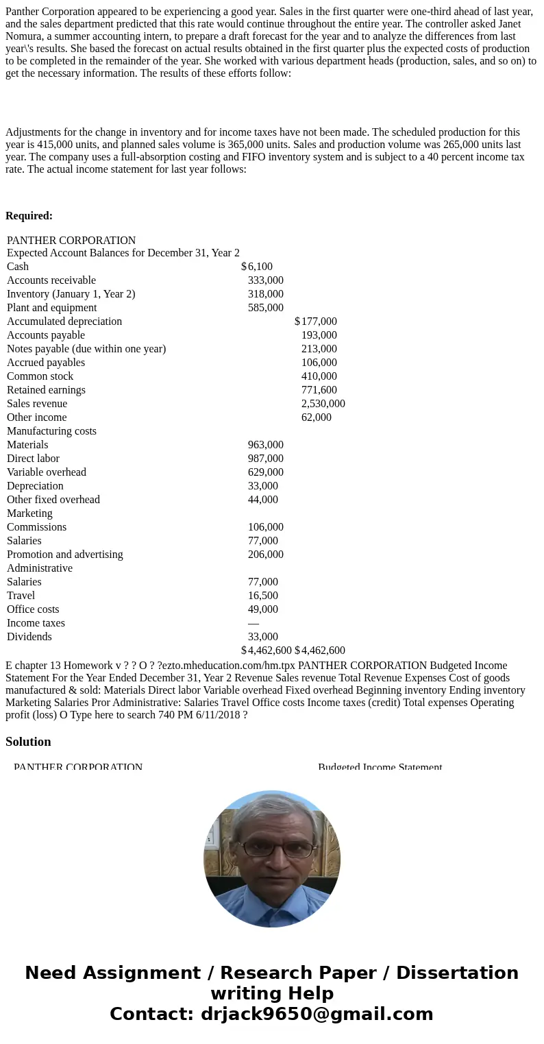 Panther Corporation appeared to be experiencing a good year. Sales in the first quarter were one-third ahead of last year, and the sales department predicted th