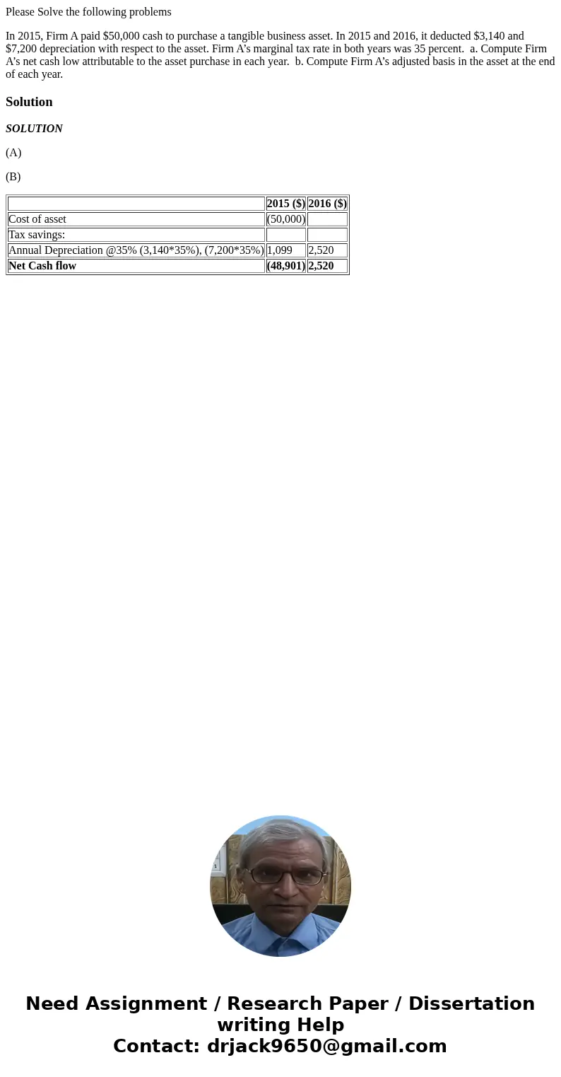 Please Solve the following problems In 2015, Firm A paid $50,000 cash to purchase a tangible business asset. In 2015 and 2016, it deducted $3,140 and $7,200 dep Please Solve the following problems In 2015, Firm A paid $50,000 cash to purchase a tangible business asset. In 2015 and 2016, it deducted $3,140 and $7,200 dep