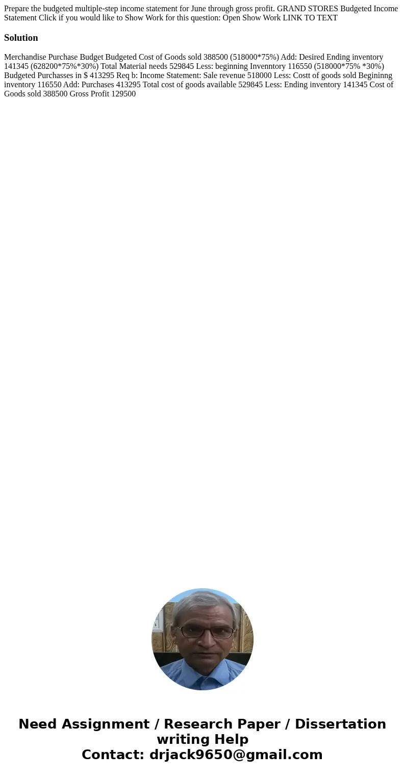 Prepare the budgeted multiple-step income statement for June through gross profit. GRAND STORES Budgeted Income Statement Click if you would like to Show Work   Prepare the budgeted multiple-step income statement for June through gross profit. GRAND STORES Budgeted Income Statement Click if you would like to Show Work