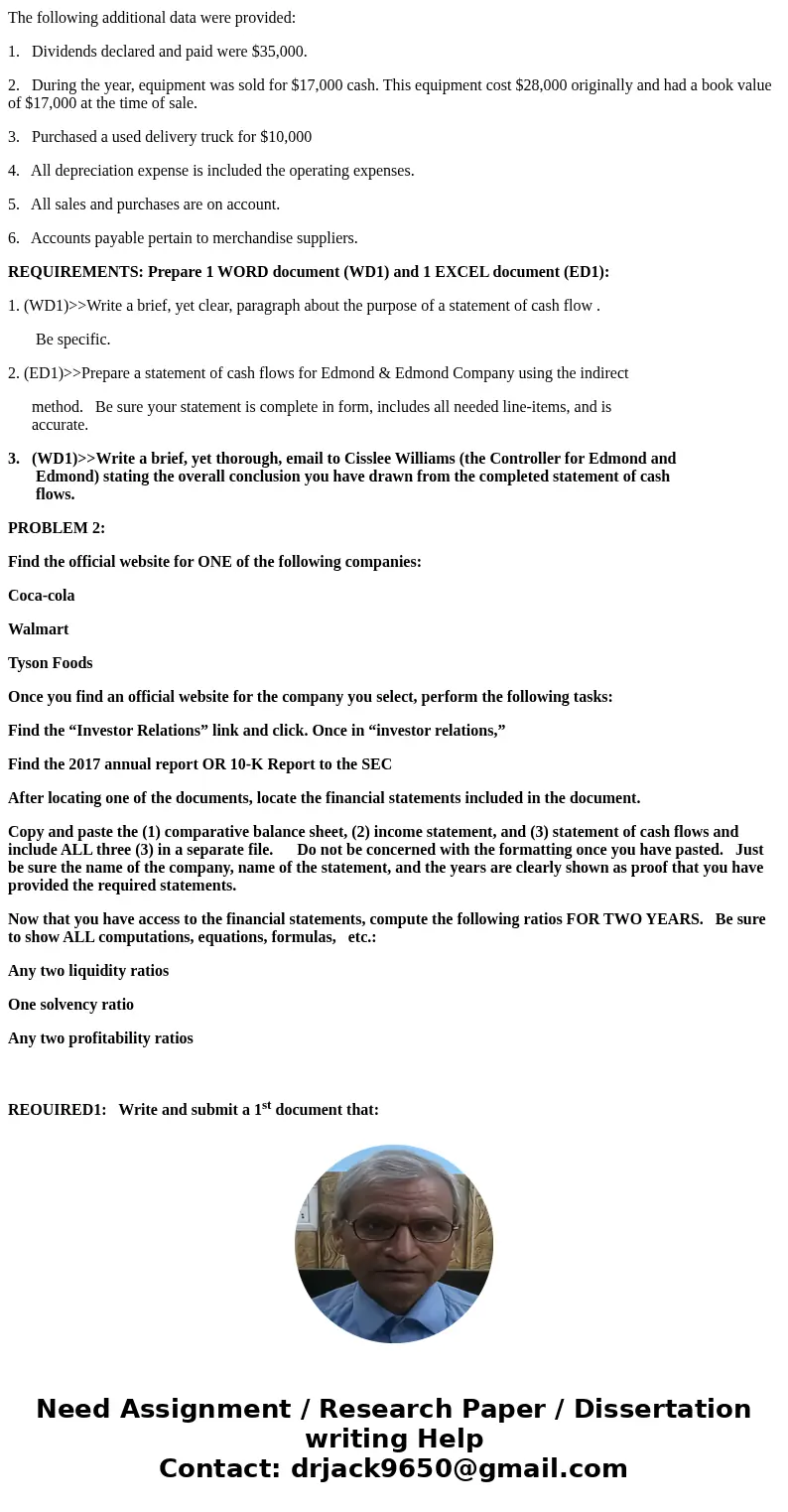 PROBLEM 1: The 2018 and 2019 comparative balance sheets and 2019 income statement for Edmond & Edmond Company appear below: EDMOND & EDMOND COMPANY Comp