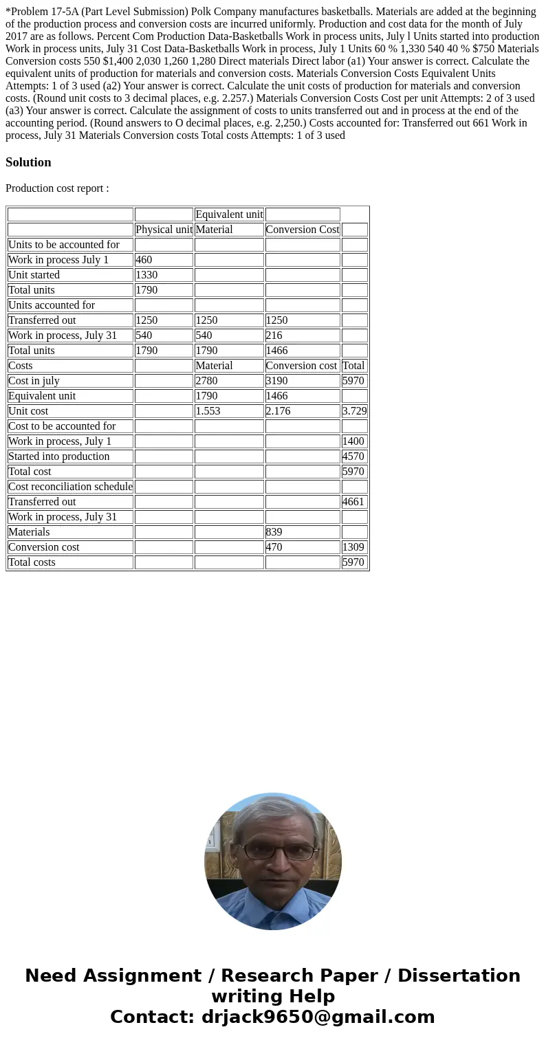  *Problem 17-5A (Part Level Submission) Polk Company manufactures basketballs. Materials are added at the beginning of the production process and conversion cos
