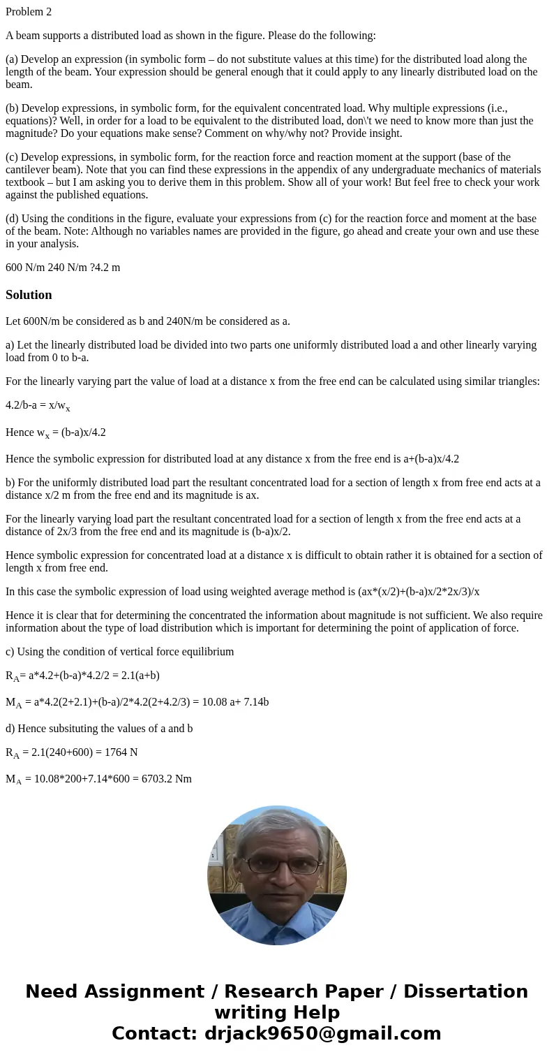 Problem 2 A beam supports a distributed load as shown in the figure. Please do the following: (a) Develop an expression (in symbolic form – do not substitute va Problem 2 A beam supports a distributed load as shown in the figure. Please do the following: (a) Develop an expression (in symbolic form – do not substitute va