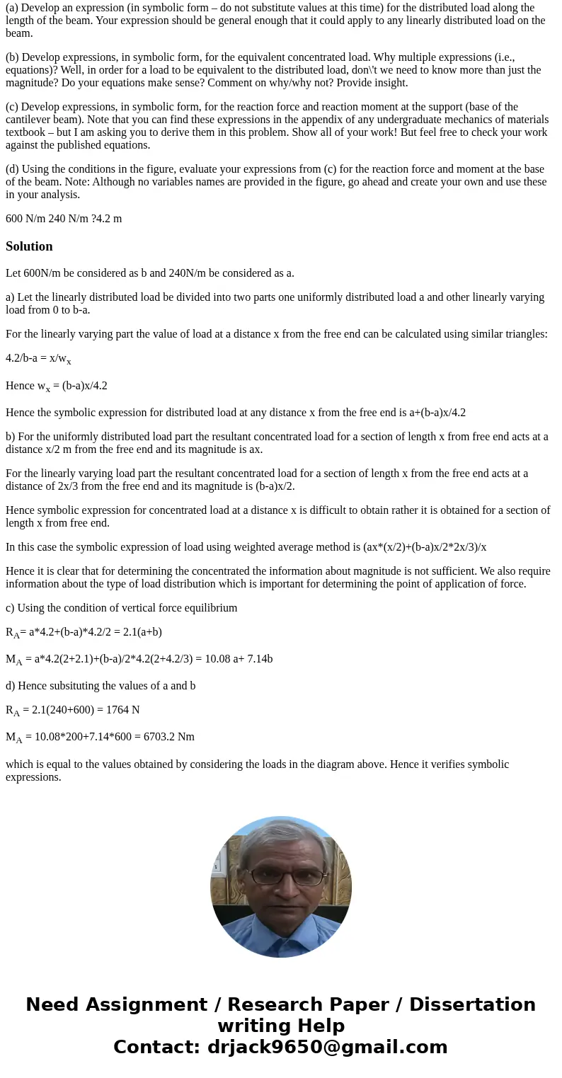 Problem 2 A beam supports a distributed load as shown in the figure. Please do the following: (a) Develop an expression (in symbolic form – do not substitute va Problem 2 A beam supports a distributed load as shown in the figure. Please do the following: (a) Develop an expression (in symbolic form – do not substitute va