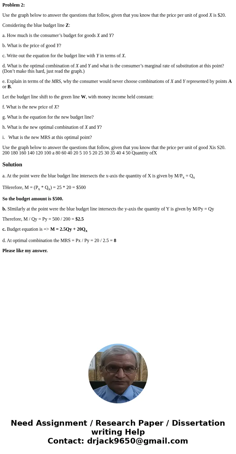 Problem 2: Use the graph below to answer the questions that follow, given that you know that the price per unit of good X is $20. Considering the blue budget li Problem 2: Use the graph below to answer the questions that follow, given that you know that the price per unit of good X is $20. Considering the blue budget li