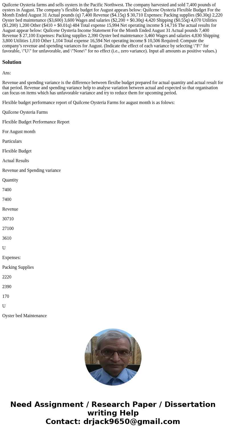 Quilcene Oysteria farms and sells oysters in the Pacific Northwest. The company harvested and sold 7,400 pounds of oysters in August. The company’s flexible bud