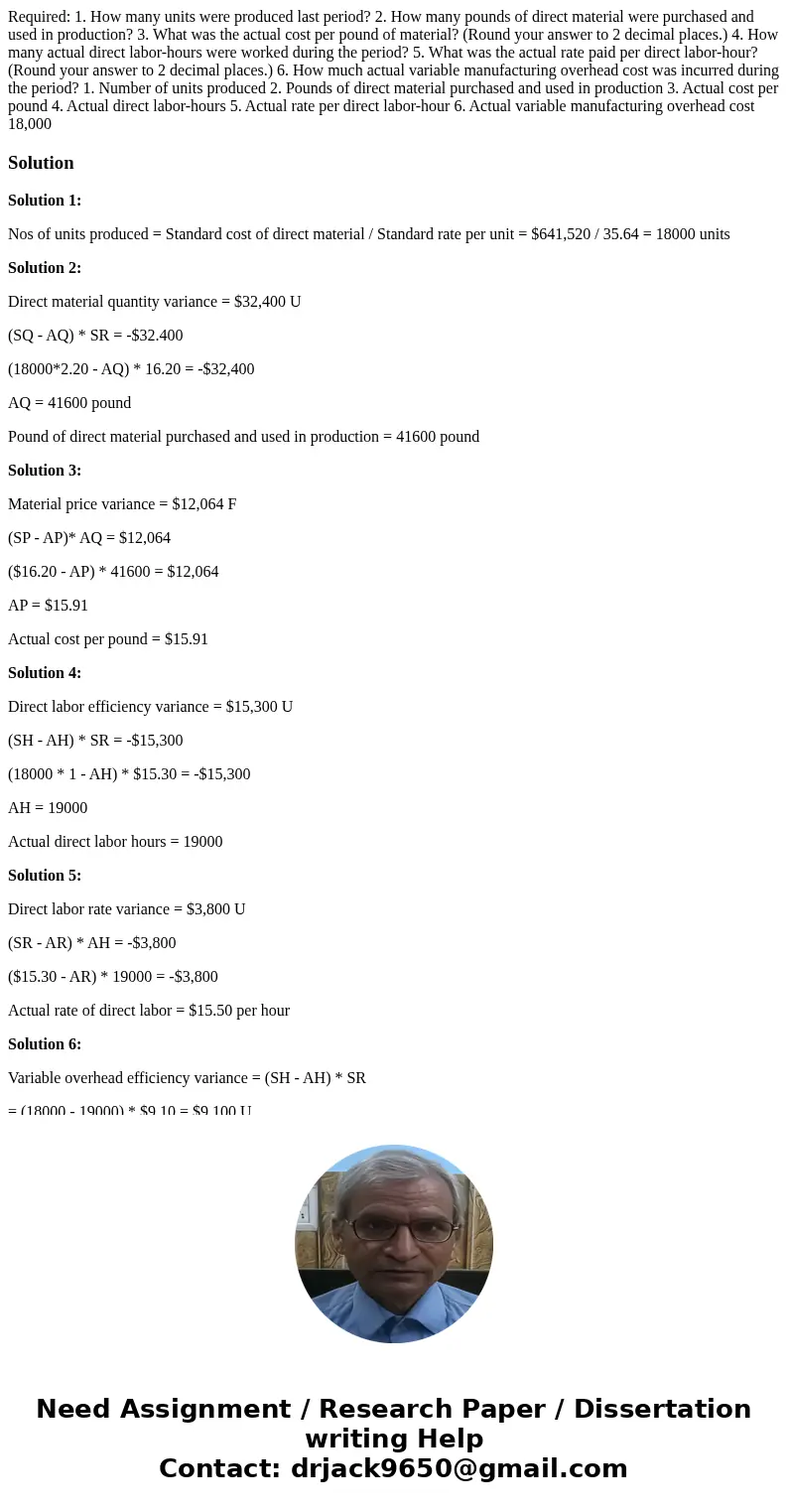 Required: 1. How many units were produced last period? 2. How many pounds of direct material were purchased and used in production? 3. What was the actual cost  Required: 1. How many units were produced last period? 2. How many pounds of direct material were purchased and used in production? 3. What was the actual cost