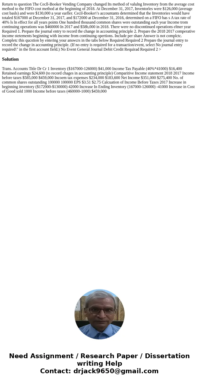 Return to question The Cecll-Booker Vending Company changed Its method of valulng Inventory from the average cost method to the FIFO cost method at the beginni  Return to question The Cecll-Booker Vending Company changed Its method of valulng Inventory from the average cost method to the FIFO cost method at the beginni