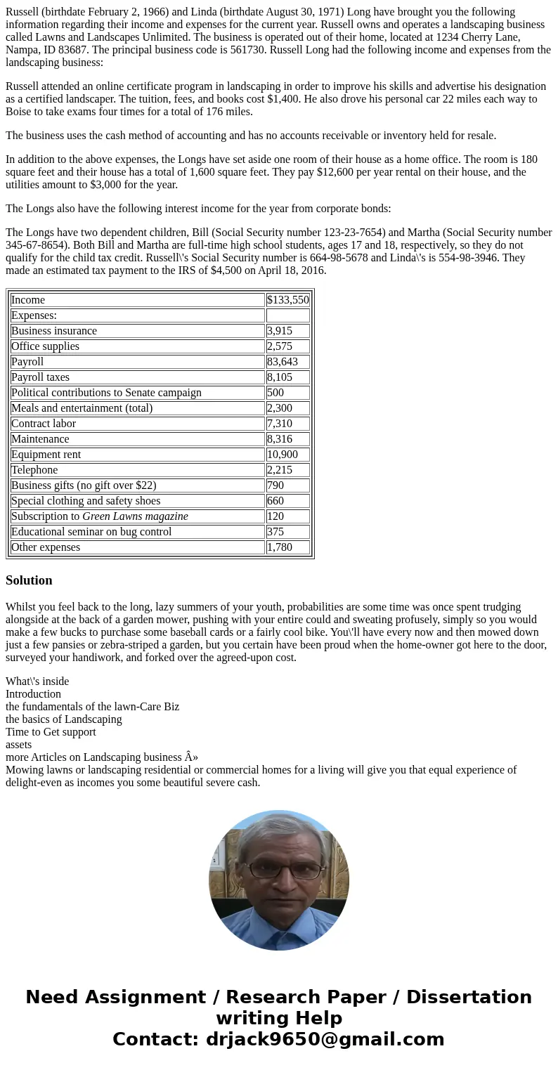 Russell (birthdate February 2, 1966) and Linda (birthdate August 30, 1971) Long have brought you the following information regarding their income and expenses f Russell (birthdate February 2, 1966) and Linda (birthdate August 30, 1971) Long have brought you the following information regarding their income and expenses f