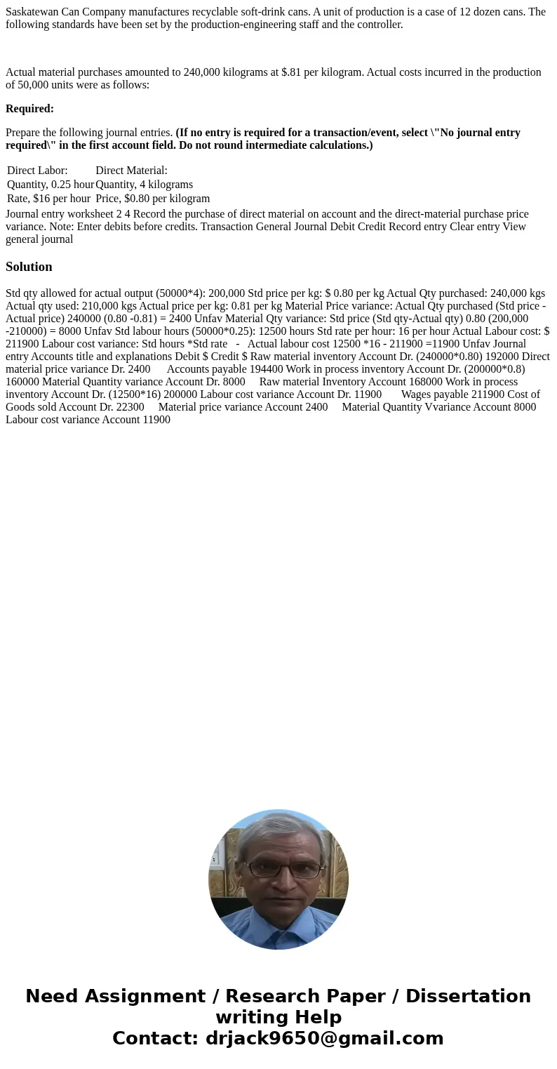 Saskatewan Can Company manufactures recyclable soft-drink cans. A unit of production is a case of 12 dozen cans. The following standards have been set by the pr