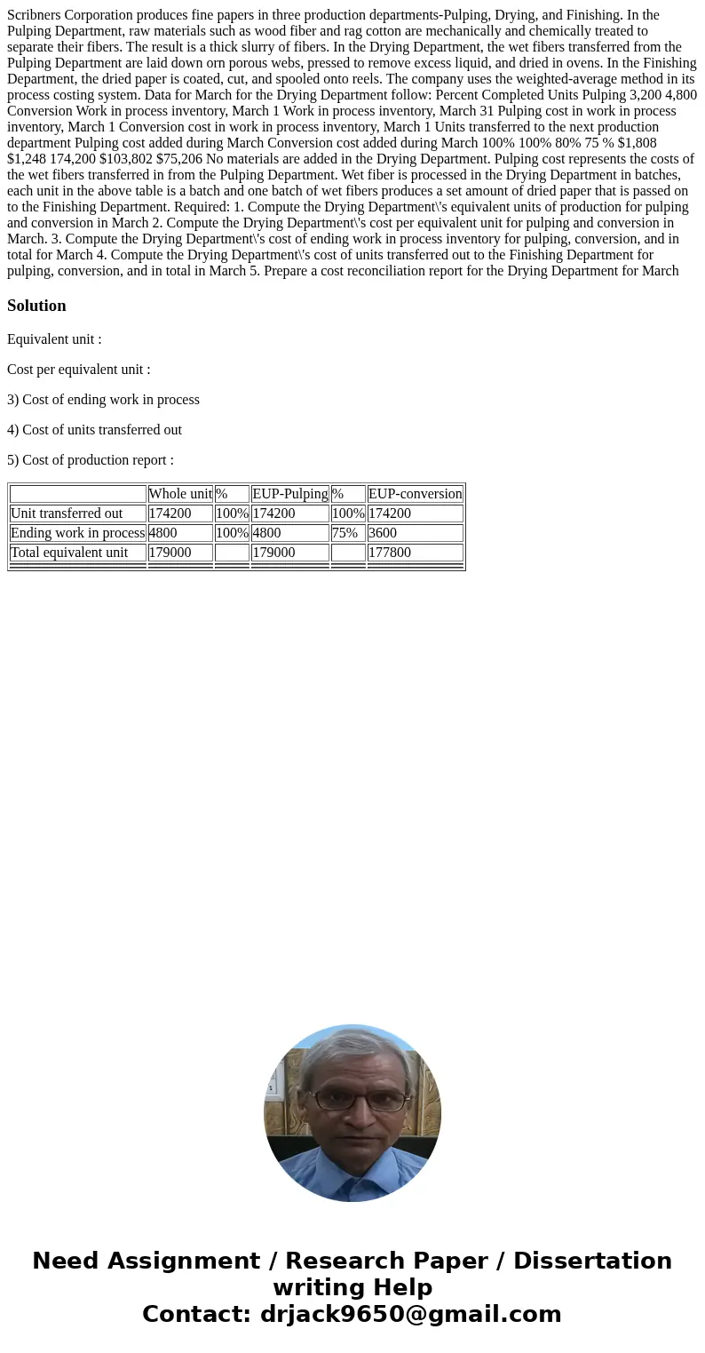 Scribners Corporation produces fine papers in three production departments-Pulping, Drying, and Finishing. In the Pulping Department, raw materials such as woo  Scribners Corporation produces fine papers in three production departments-Pulping, Drying, and Finishing. In the Pulping Department, raw materials such as woo