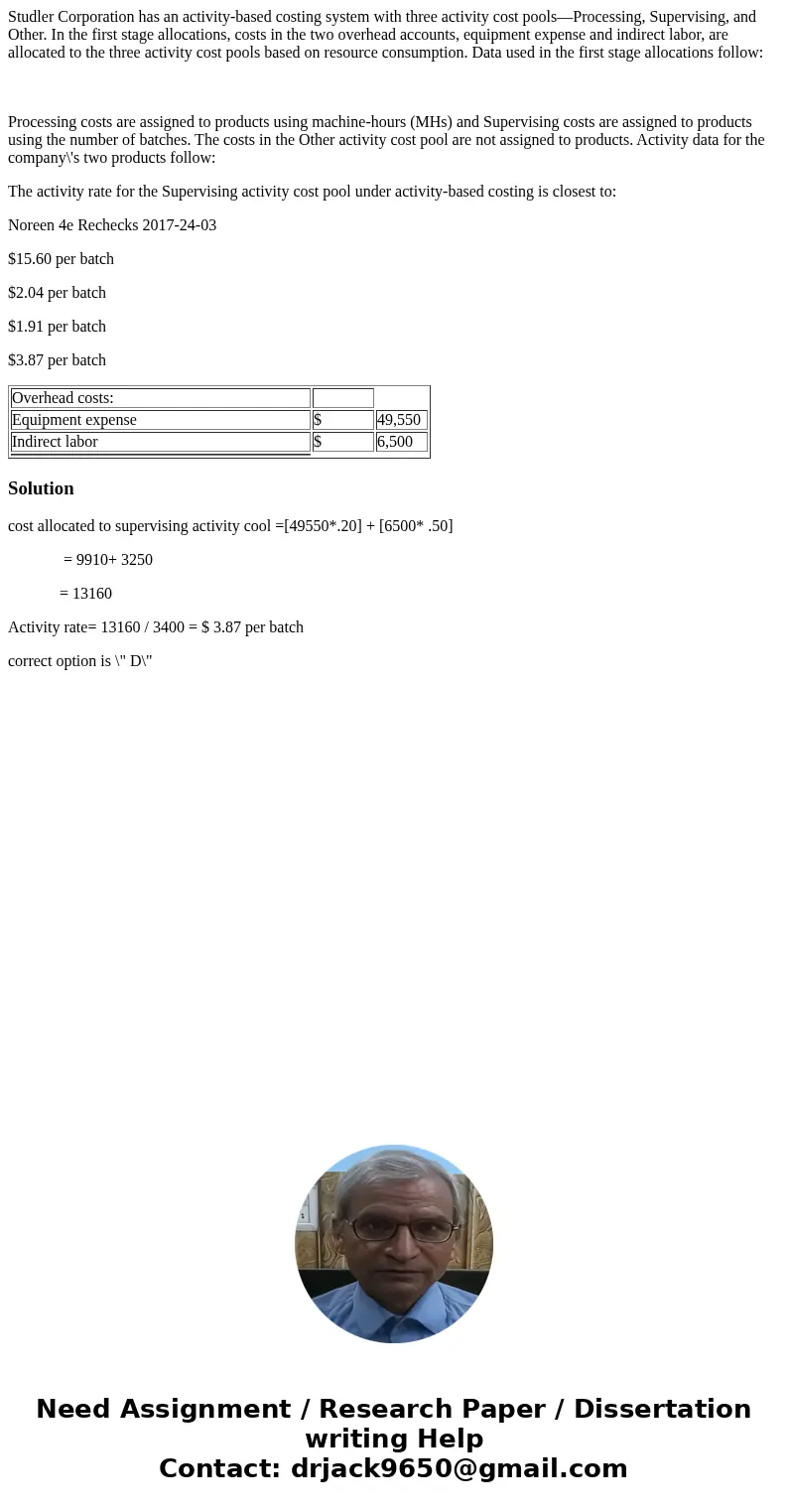 Studler Corporation has an activity-based costing system with three activity cost pools—Processing, Supervising, and Other. In the first stage allocations, cost