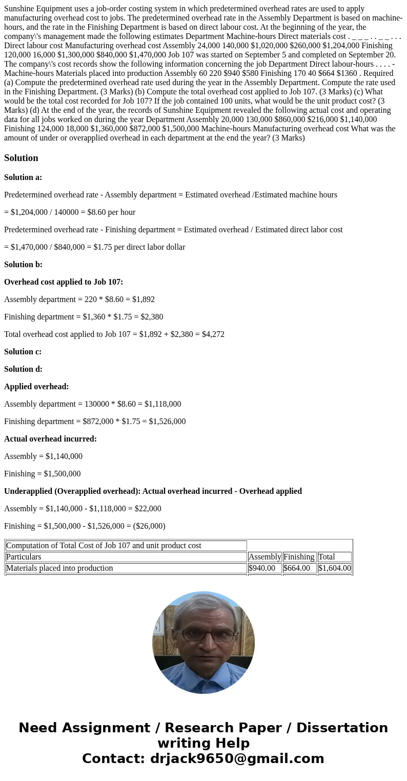  Sunshine Equipment uses a job-order costing system in which predetermined overhead rates are used to apply manufacturing overhead cost to jobs. The predetermin