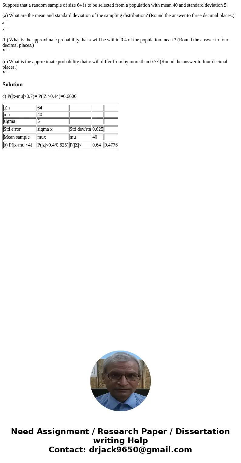 Suppose that a random sample of size 64 is to be selected from a population with mean 40 and standard deviation 5. (a) What are the mean and standard deviation  Suppose that a random sample of size 64 is to be selected from a population with mean 40 and standard deviation 5. (a) What are the mean and standard deviation