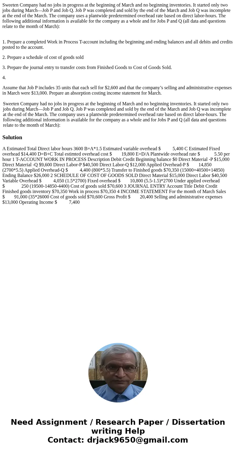 Sweeten Company had no jobs in progress at the beginning of March and no beginning inventories. It started only two jobs during March—Job P and Job Q. Job P was Sweeten Company had no jobs in progress at the beginning of March and no beginning inventories. It started only two jobs during March—Job P and Job Q. Job P was