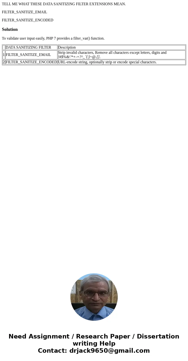 TELL ME WHAT THESE DATA SANITIZING FILTER EXTENSIONS MEAN. FILTER_SANITIZE_EMAIL FILTER_SANITIZE_ENCODEDSolutionTo validate user input easily, PHP 7 provides a  TELL ME WHAT THESE DATA SANITIZING FILTER EXTENSIONS MEAN. FILTER_SANITIZE_EMAIL FILTER_SANITIZE_ENCODEDSolutionTo validate user input easily, PHP 7 provides a