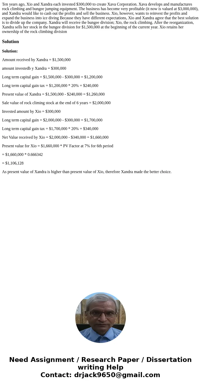  Ten years ago, Xio and Xandra each invested $300,000 to create Xava Corporation. Xava develops and manufactures rock climbing and bungee jumping equipment. The