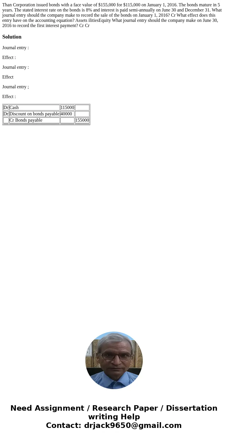 Than Corporation issued bonds with a face value of $155,000 for $115,000 on January 1, 2016. The bonds mature in 5 years. The stated interest rate on the bonds  Than Corporation issued bonds with a face value of $155,000 for $115,000 on January 1, 2016. The bonds mature in 5 years. The stated interest rate on the bonds
