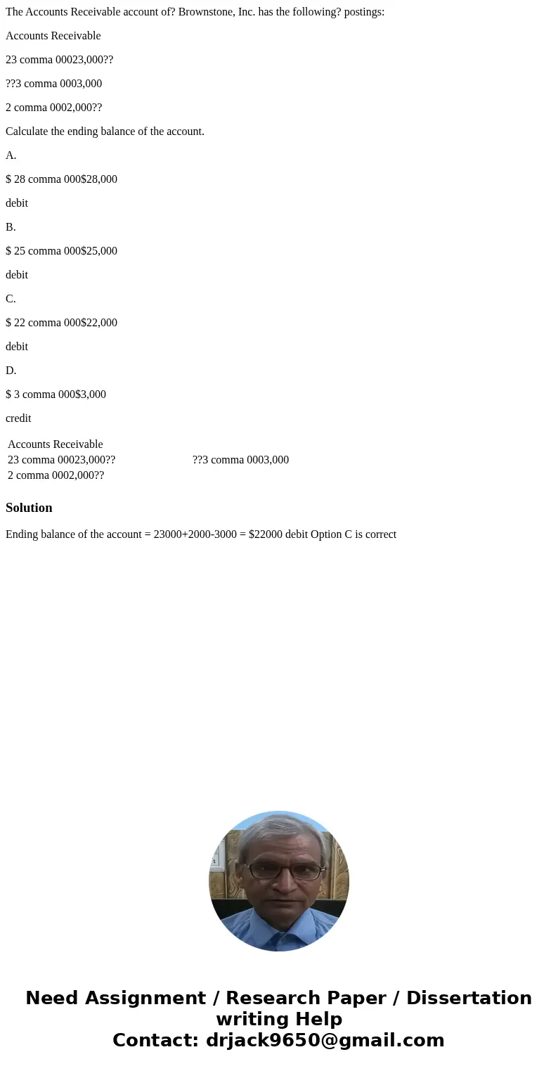 The Accounts Receivable account of? Brownstone, Inc. has the following? postings: Accounts Receivable 23 comma 00023,000?? ??3 comma 0003,000 2 comma 0002,000??
